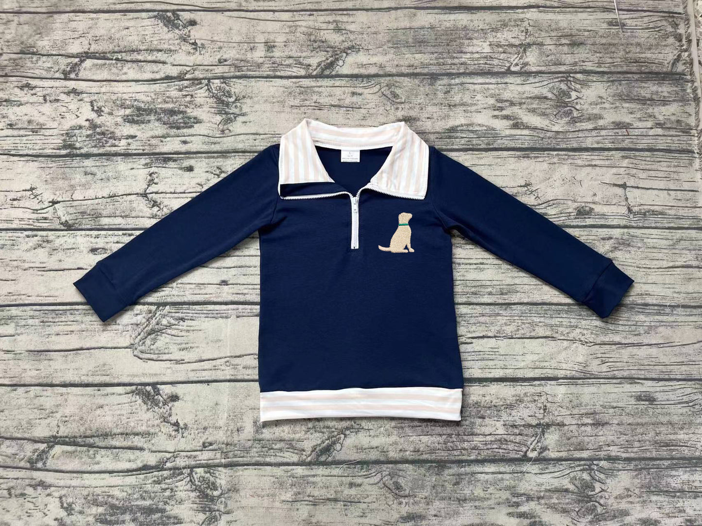 Long sleeves navy stripe dog kids boys zip pullover