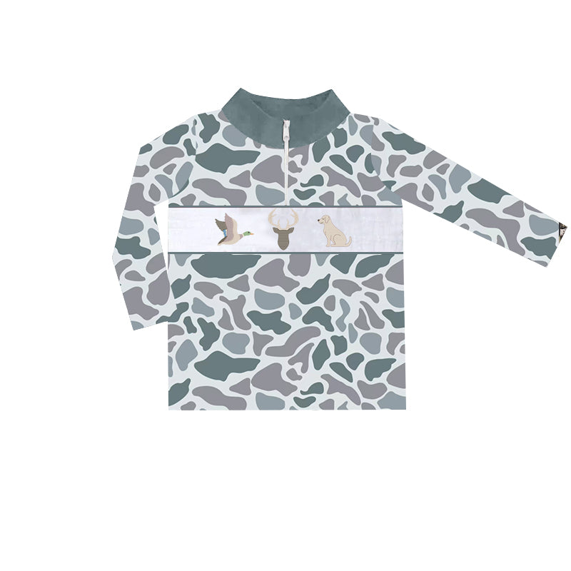 Grey camo duck deer dog kids boys hunting zip pullover