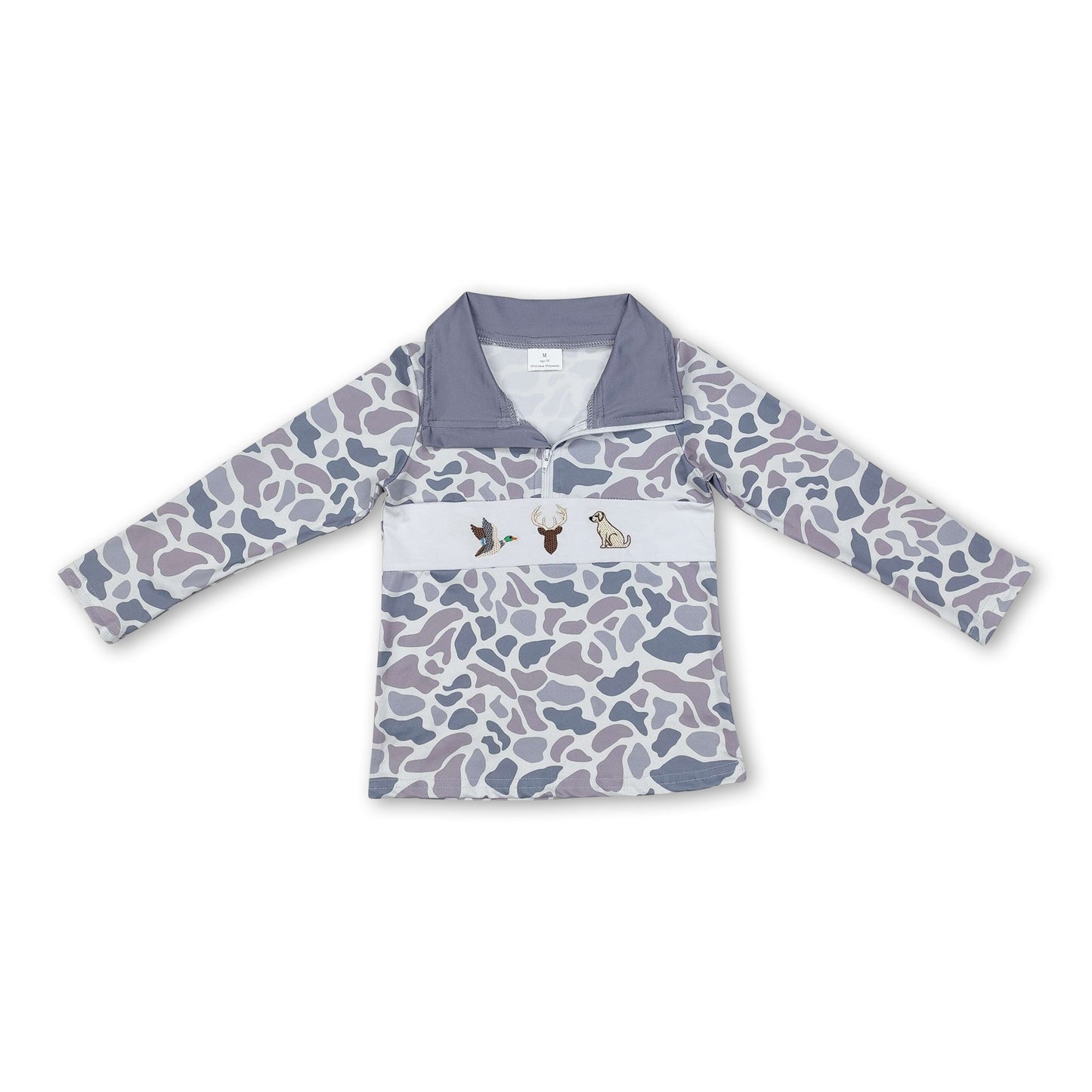 Grey camo duck deer dog kids boys hunting zip pullover