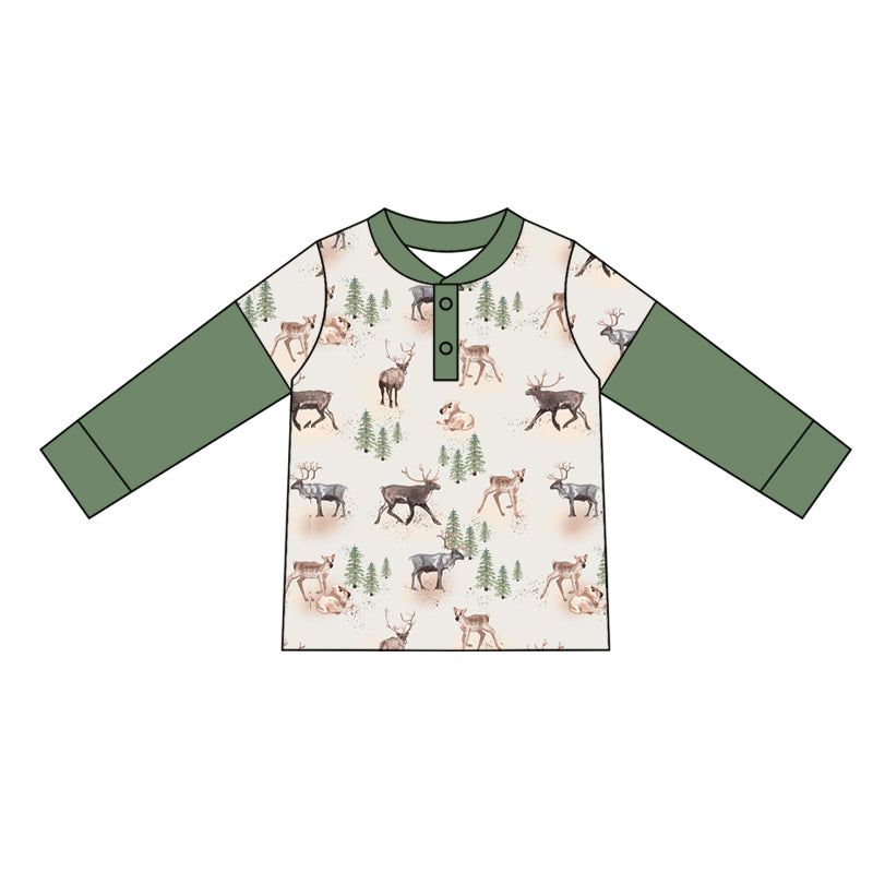 Green long sleeves deer trees kids boys shirt