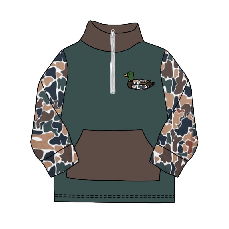 Dark green camo duck pocket baby boy zip pullover