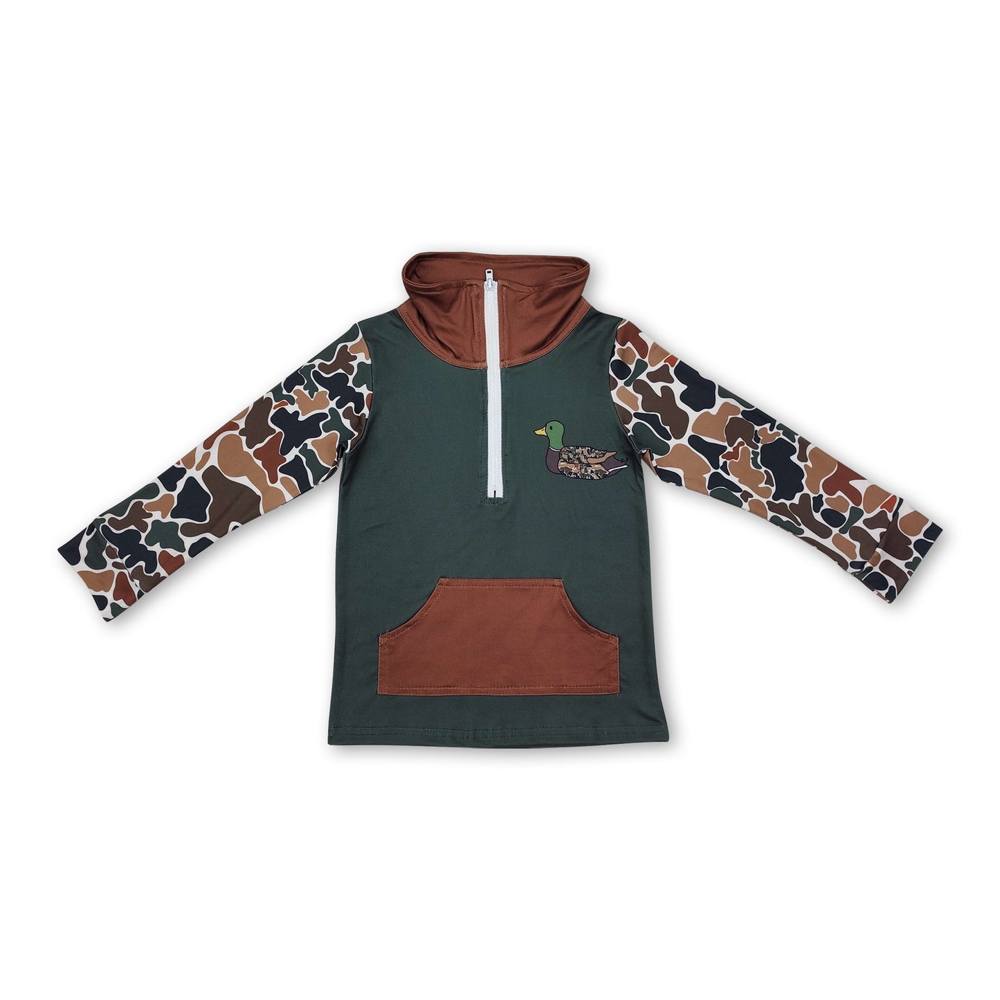 Dark green camo duck pocket baby boy zip pullover