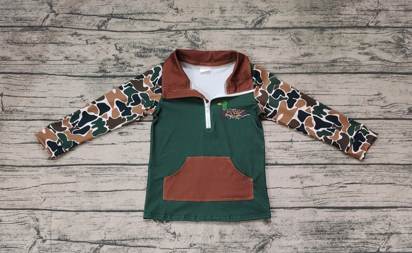 Dark green camo duck pocket baby boy zip pullover