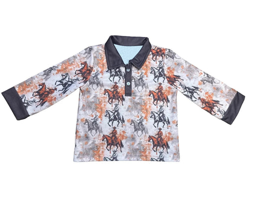 Long sleeves horse rodeo kids boys polo shirt