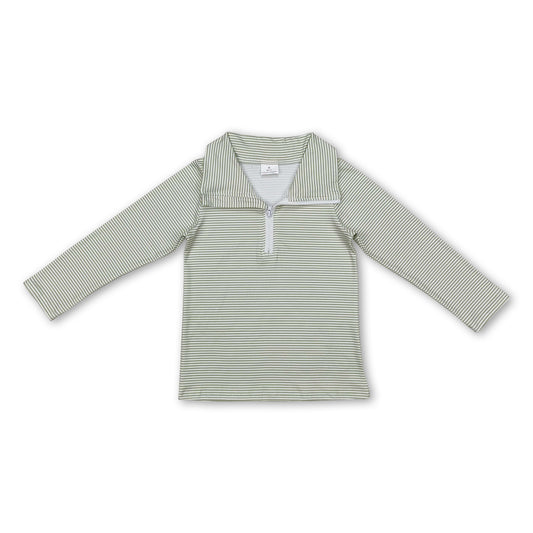 Long sleeves green stripe kids boys zip pullover