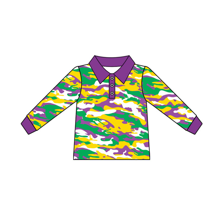 Purple yellow green camo kids boys Mardi Gras polo shirt