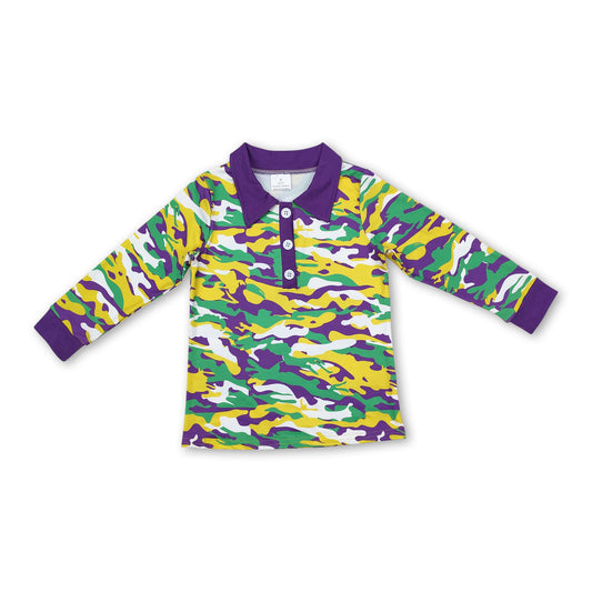 Purple yellow green camo kids boys Mardi Gras polo shirt