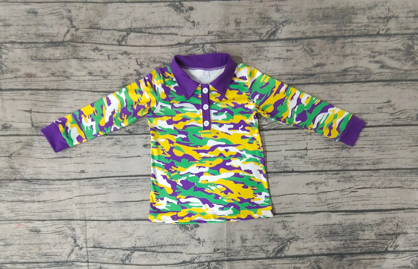 Purple yellow green camo kids boys Mardi Gras polo shirt