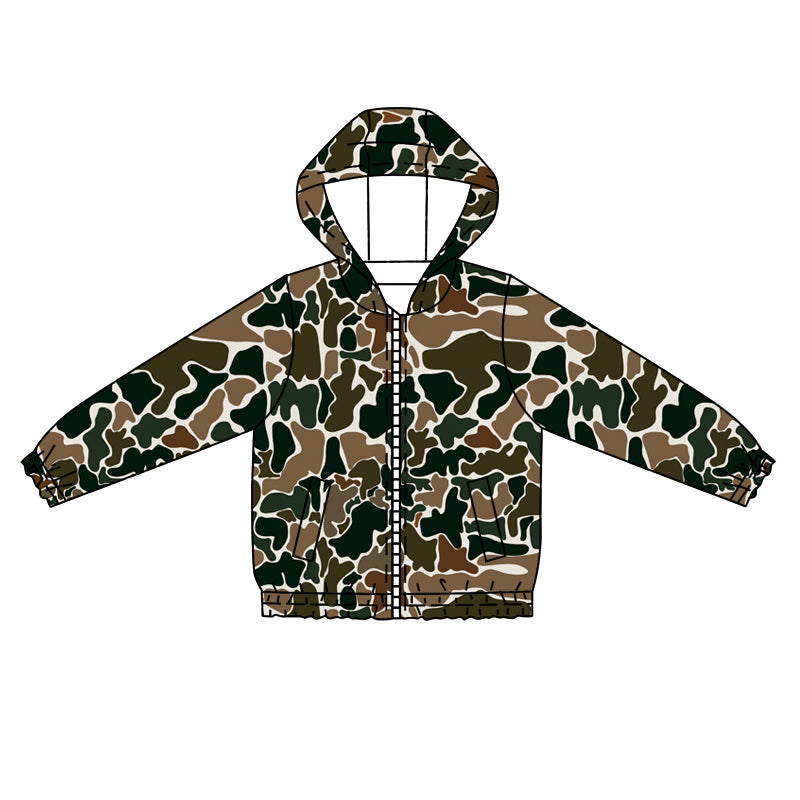 Long sleeves pockets camo kids boys zip hooded jacket