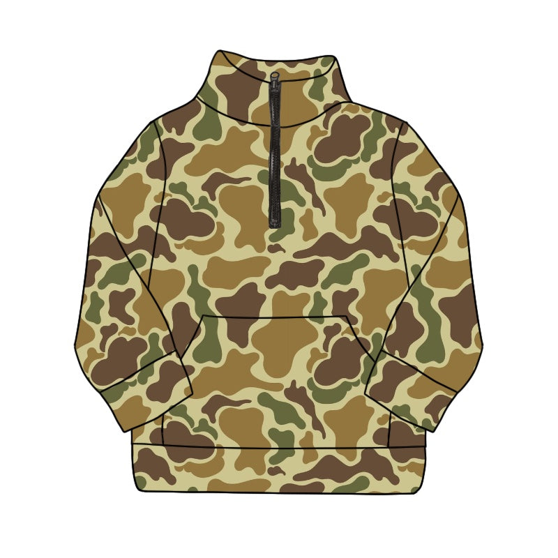 Long sleeves green camo pocket kids zip pullover