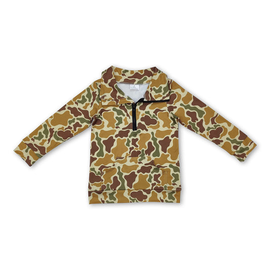 Long sleeves green camo pocket kids zip pullover