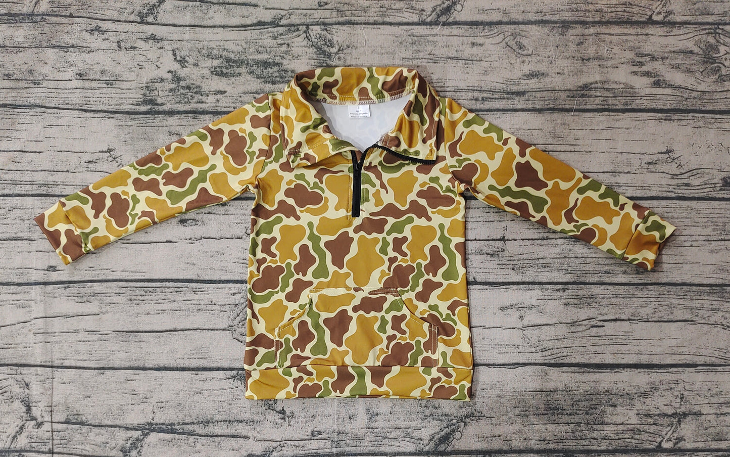 Long sleeves green camo pocket kids zip pullover