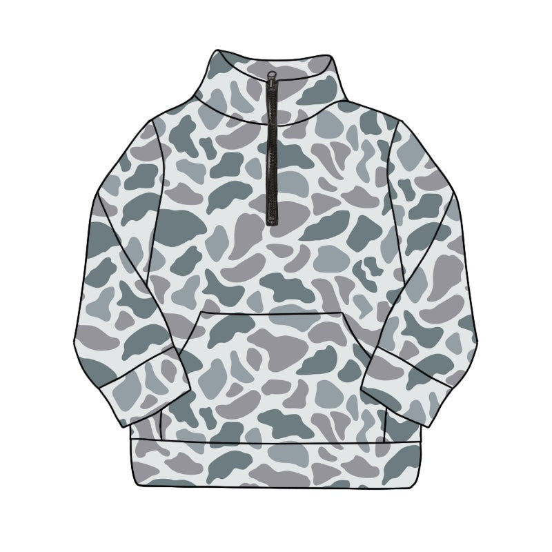 Long sleeves grey camo pocket kids zip pullover