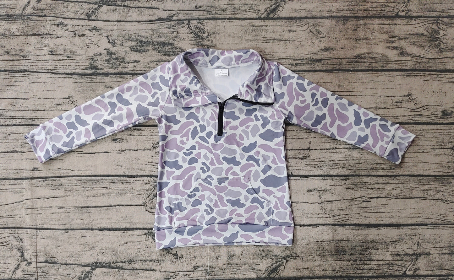 Long sleeves grey camo pocket kids zip pullover