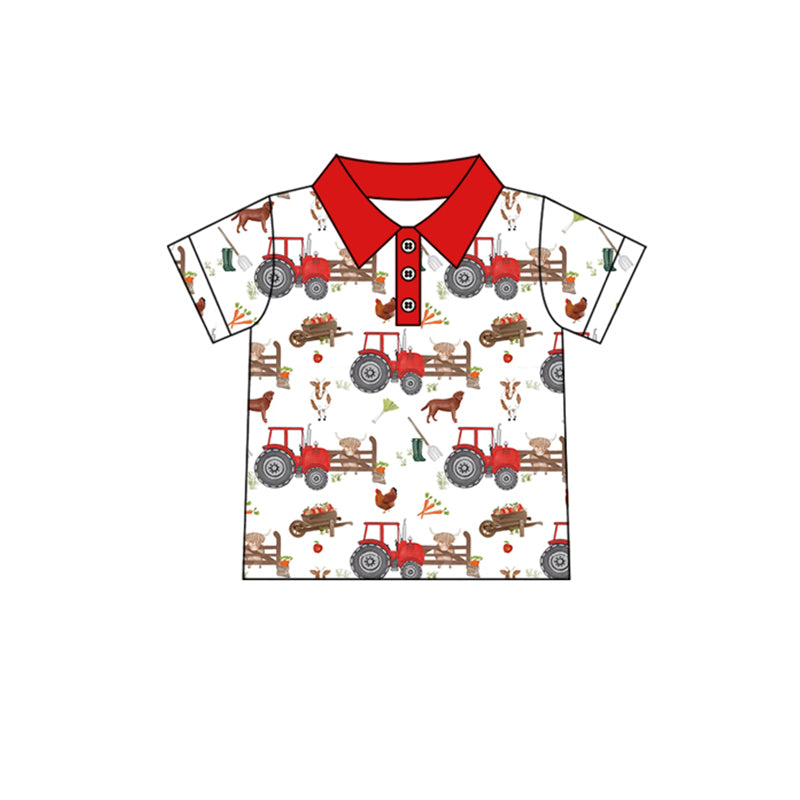 Red short sleeves tractor chicken goat boys farm polo shirt