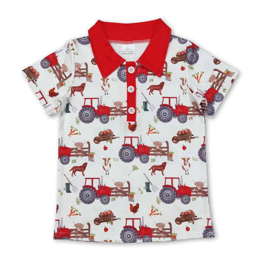 Red short sleeves tractor chicken goat boys farm polo shirt