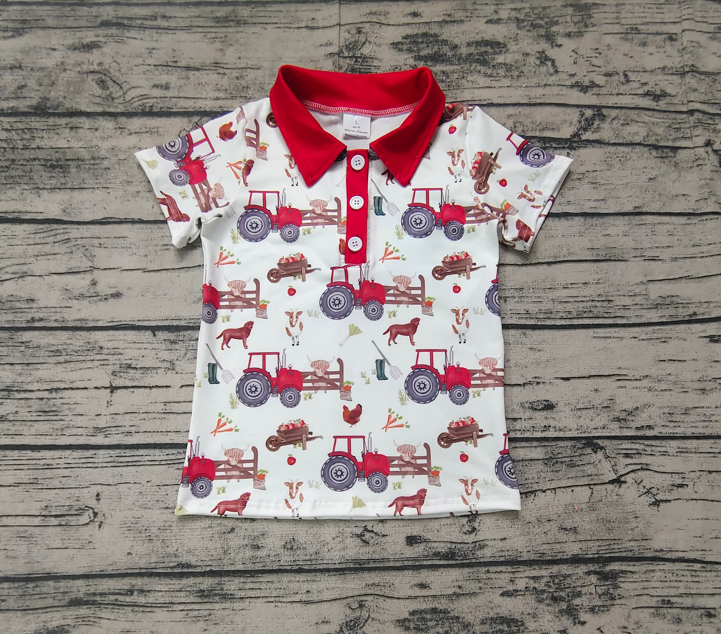 Red short sleeves tractor chicken goat boys farm polo shirt