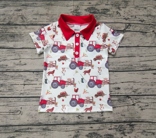 Red short sleeves tractor chicken goat boys farm polo shirt