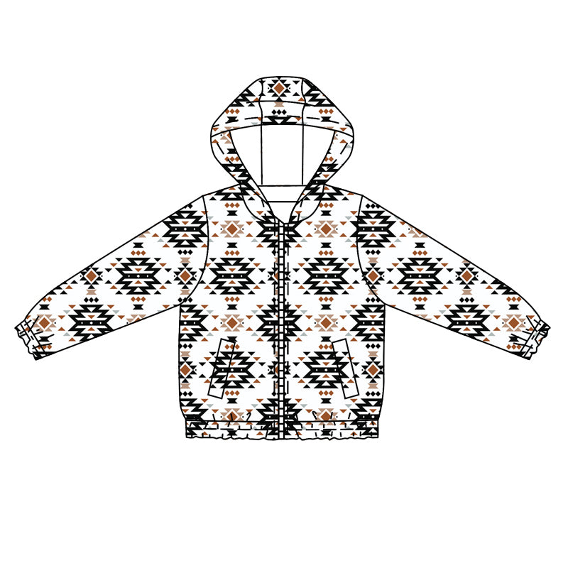 Long sleeves white aztec pocket baby kids zipper hooded jacket