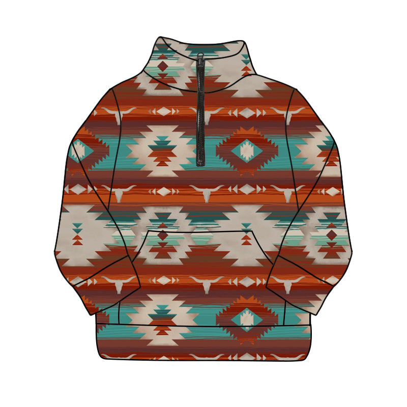 Brown turquoise aztec bull skull kids western zip pullover