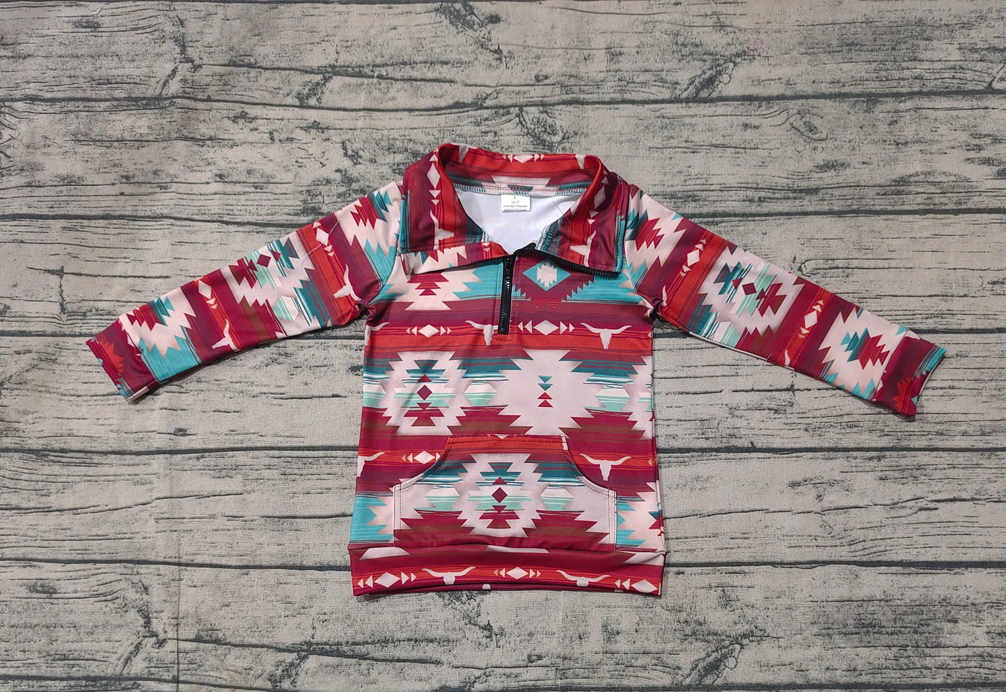 Brown turquoise aztec bull skull kids western zip pullover