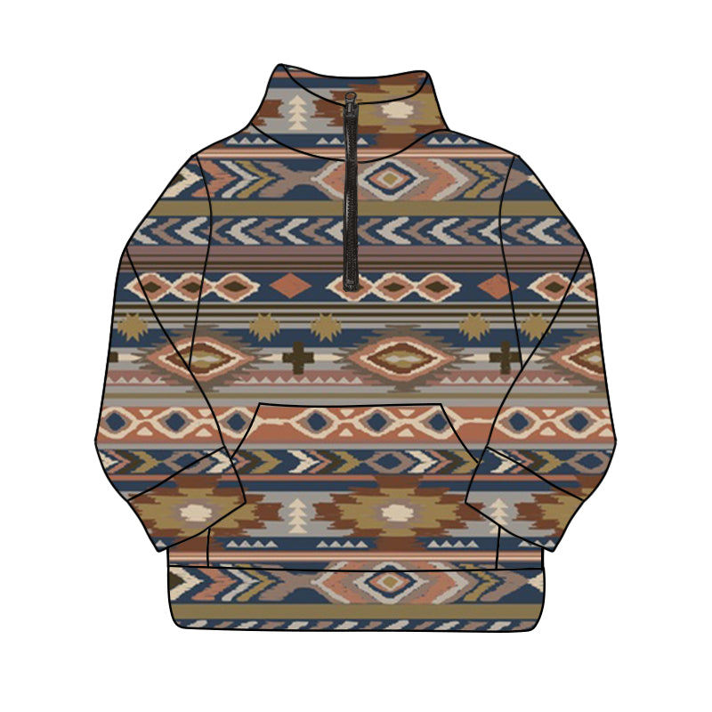 Long sleeves aztec cross kids western zip pullover