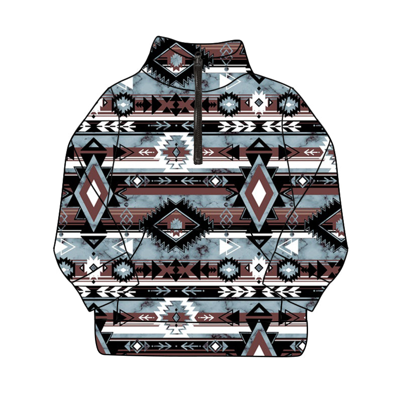 Long sleeves black aztec kids western zip pullover