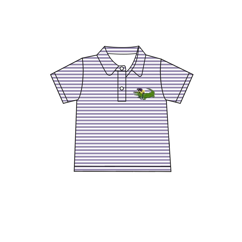 Short sleeves purple stripe alligator boys Mardi Gras polo shirt