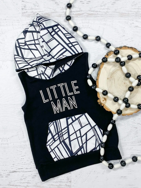 Black little man sleeveless baby boy hoodie