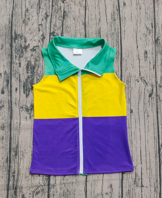Sleeveless green yellow purple kids Mardi Gras zip vest