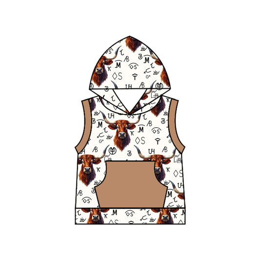 Sleeveless khaki pocket highland cow brands boys hoodie