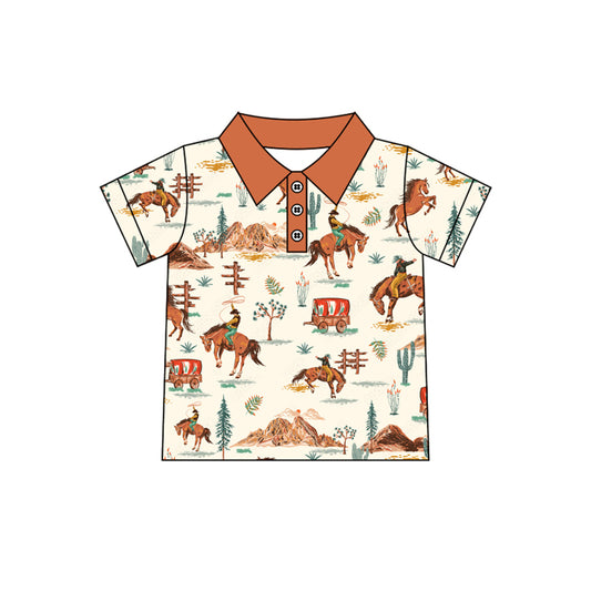 Short sleeves cactus rodeo western kids boys polo shirt