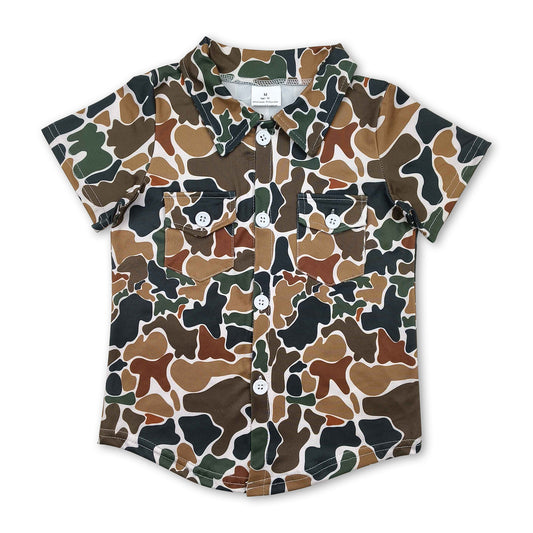Short sleeves dark camo pockets kids boys button down shirt