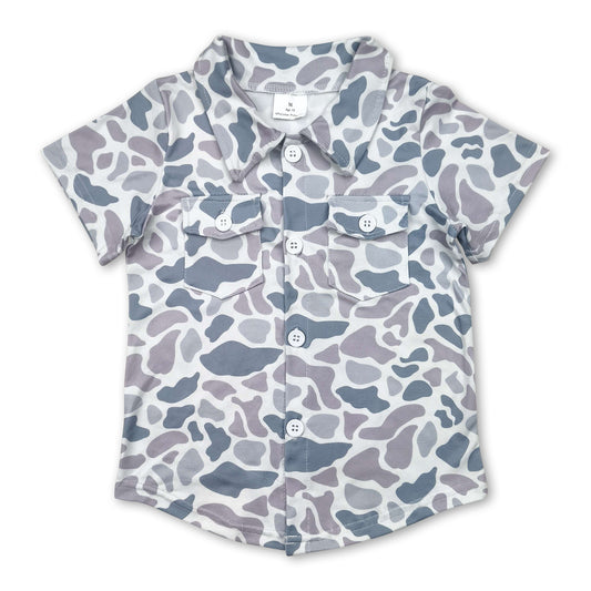 Grey camo pockets kids boys button down shirt