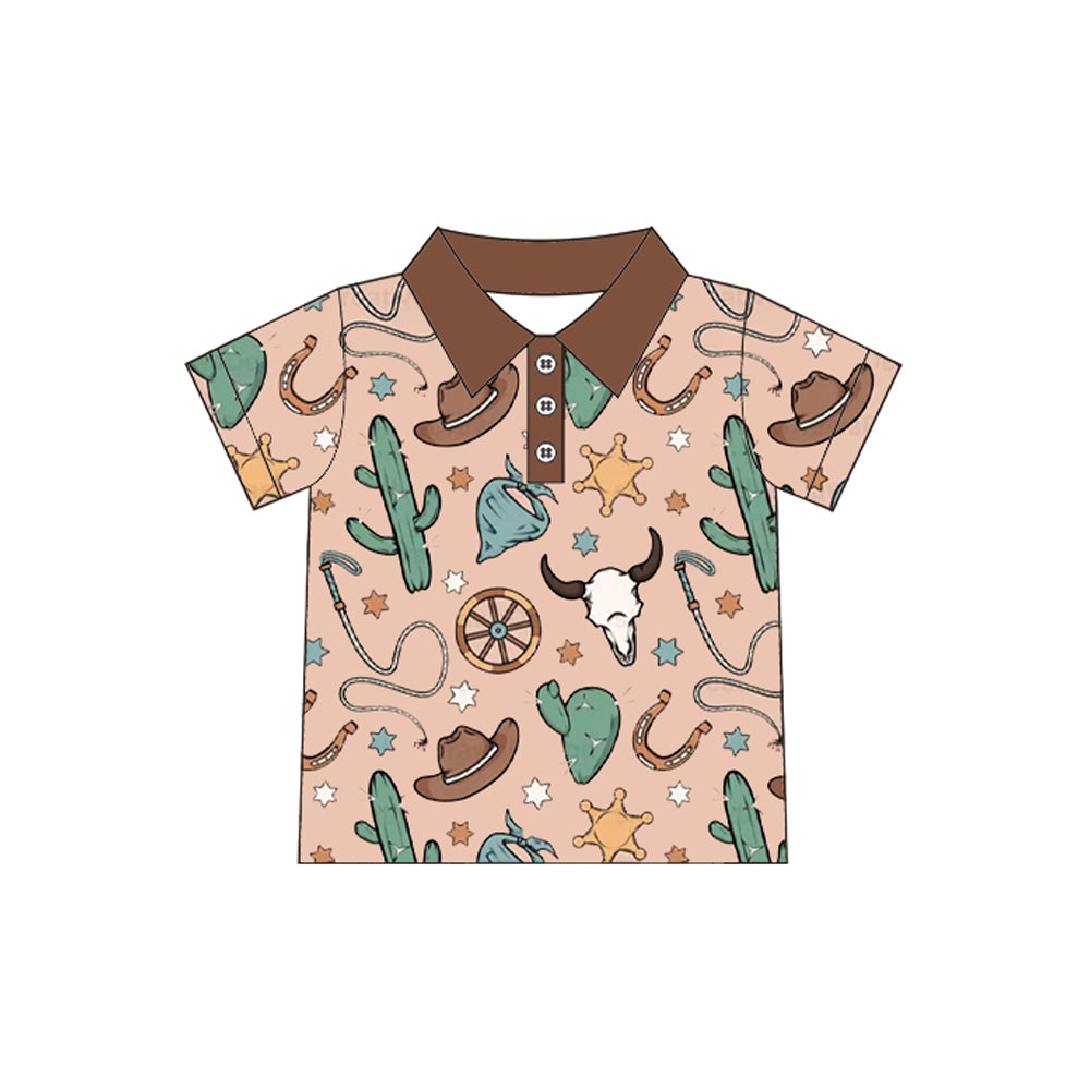 Short sleeves bull skull cactus boys western polo shirt