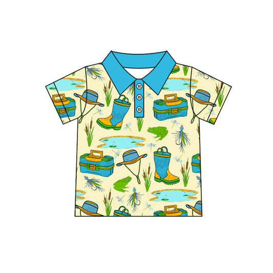 Blue short sleeves fishing kids boys polo shirt