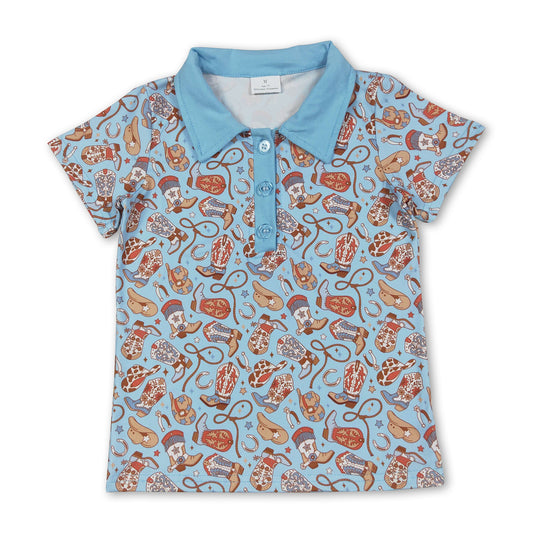 Short sleeves boots hat western boys polo shirt
