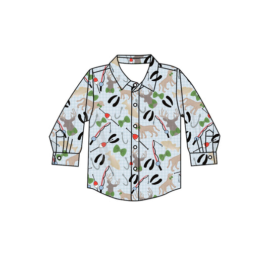 Long sleeves hunting dog deer fishing boy button down shirt