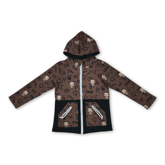 Long sleeves bull skull pockets western boy hooded jacket