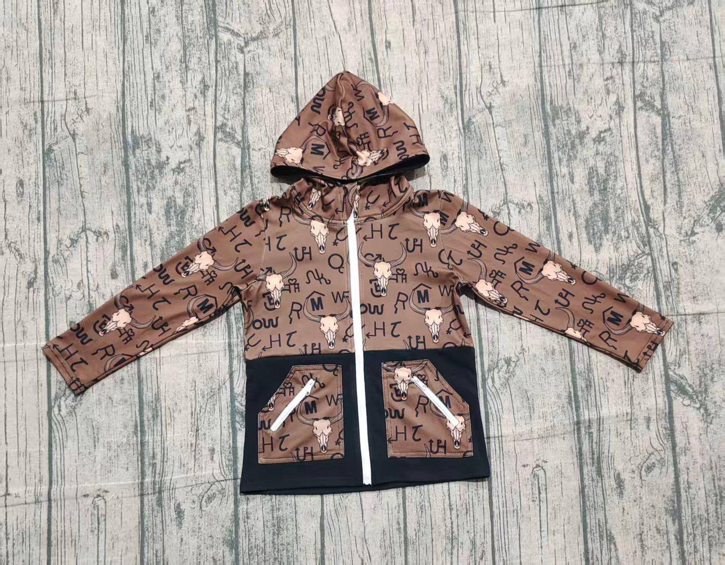 Long sleeves bull skull pockets western boy hooded jacket