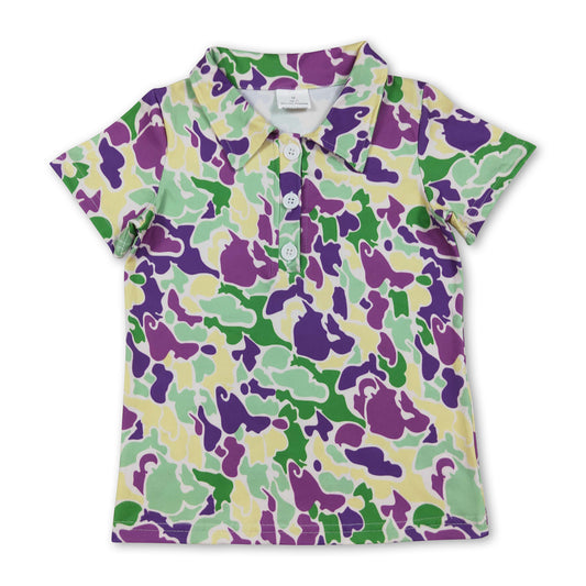 Purple green yellow camo kids boys mardi gras polo shirt