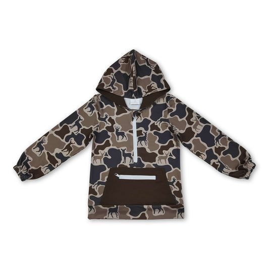 Long sleeves camo deer pocket zipper boy hoodie