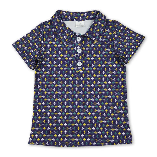 Purple green yellow short sleeves boys mardi gras polo shirt