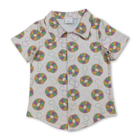 Yellow green purple donuts boys Mardi Gras button down shirt