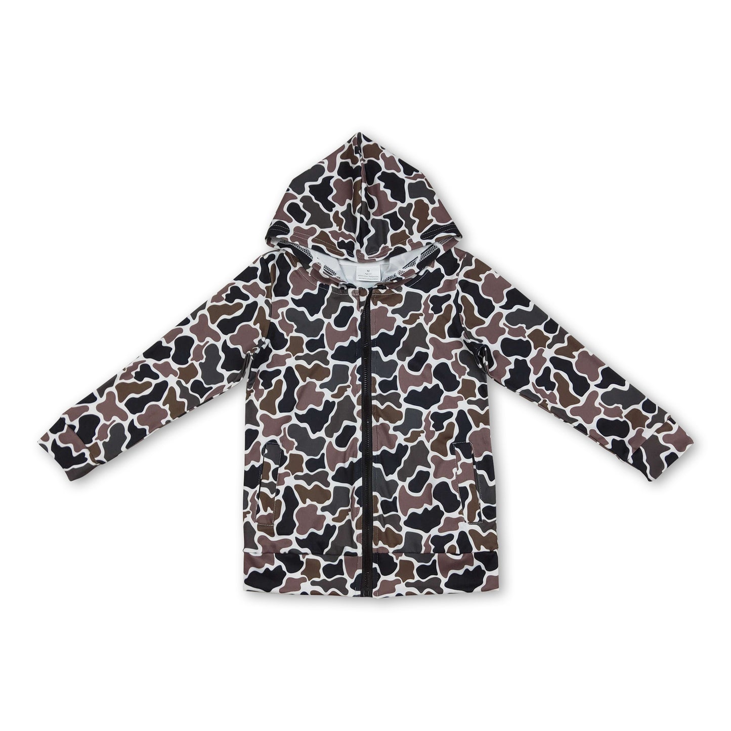 Long sleeves black brown camo pocket zipper boy hoodie