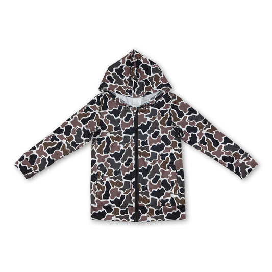 Long sleeves black brown camo pocket zipper boy hoodie