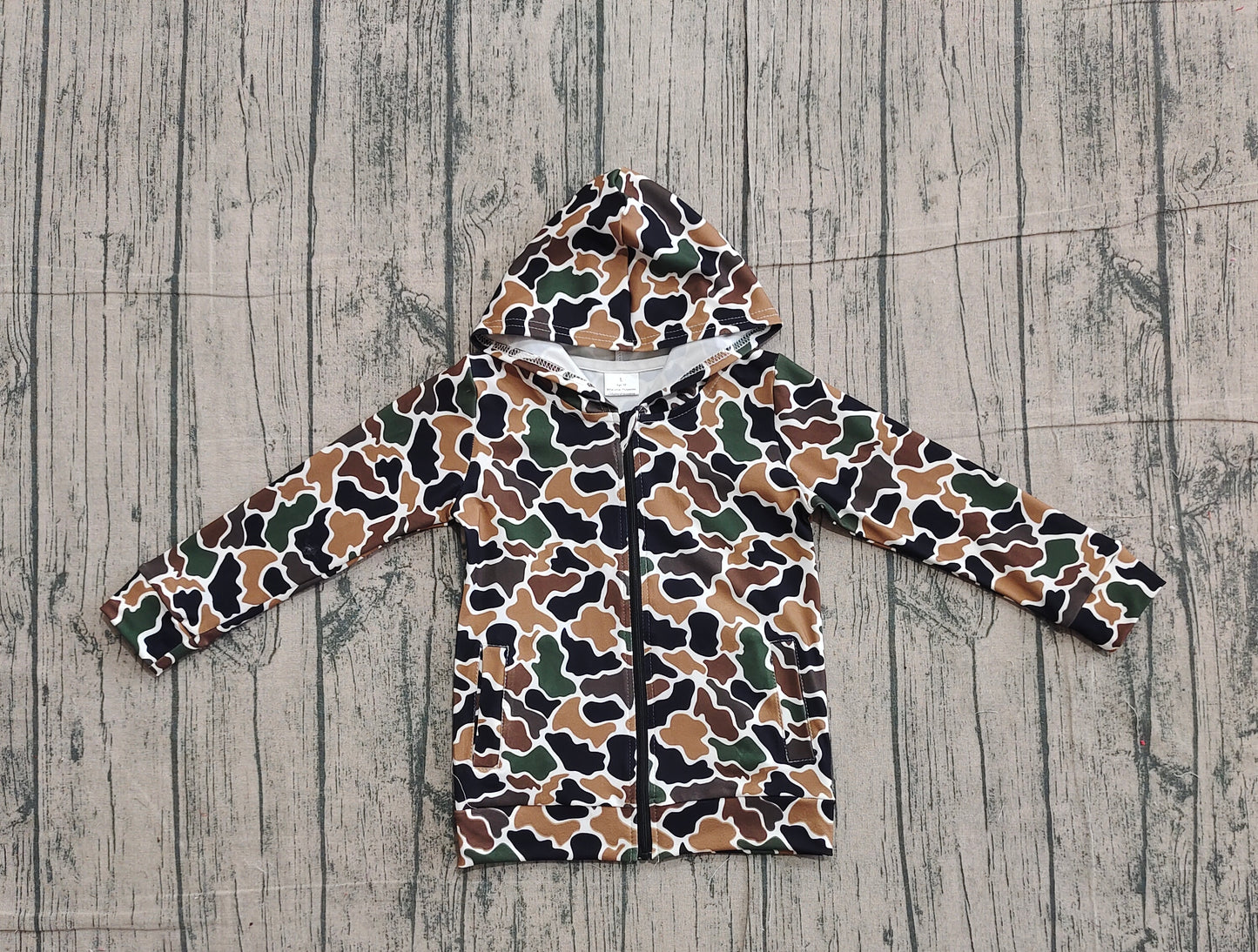 Long sleeves black brown camo pocket zipper boy hoodie
