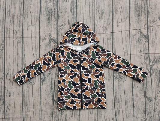 Long sleeves black brown camo pocket zipper boy hoodie