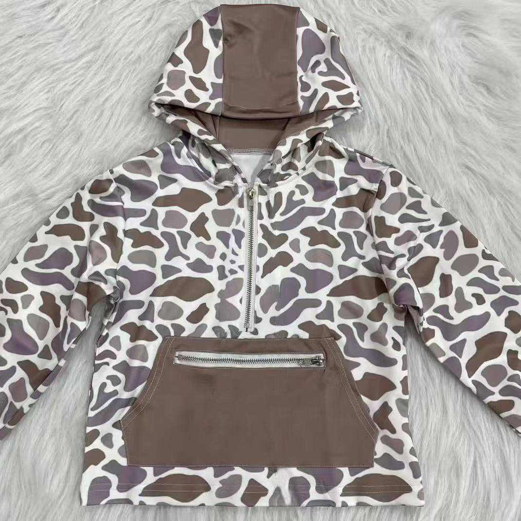 Long sleeves brown camo pocket zipper boy hoodie