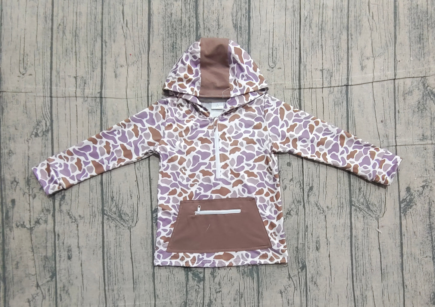 Long sleeves brown camo pocket zipper boy hoodie